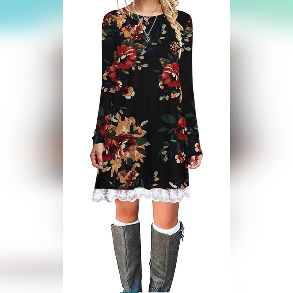 Floral Long Sleeve Crew Neck Tunic Dress With Lace Trim L